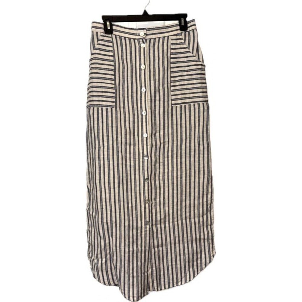 Tahari Striped Linen Skirt Blue Cream Medium